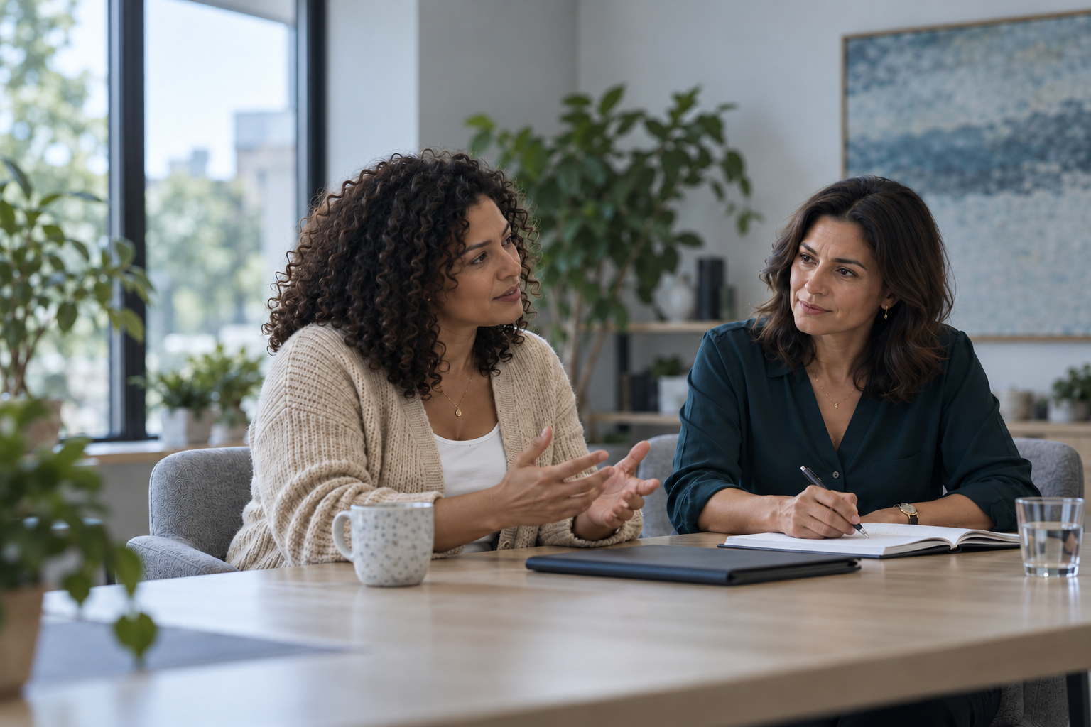 Twee vrouwen in gesprek met elkaar.