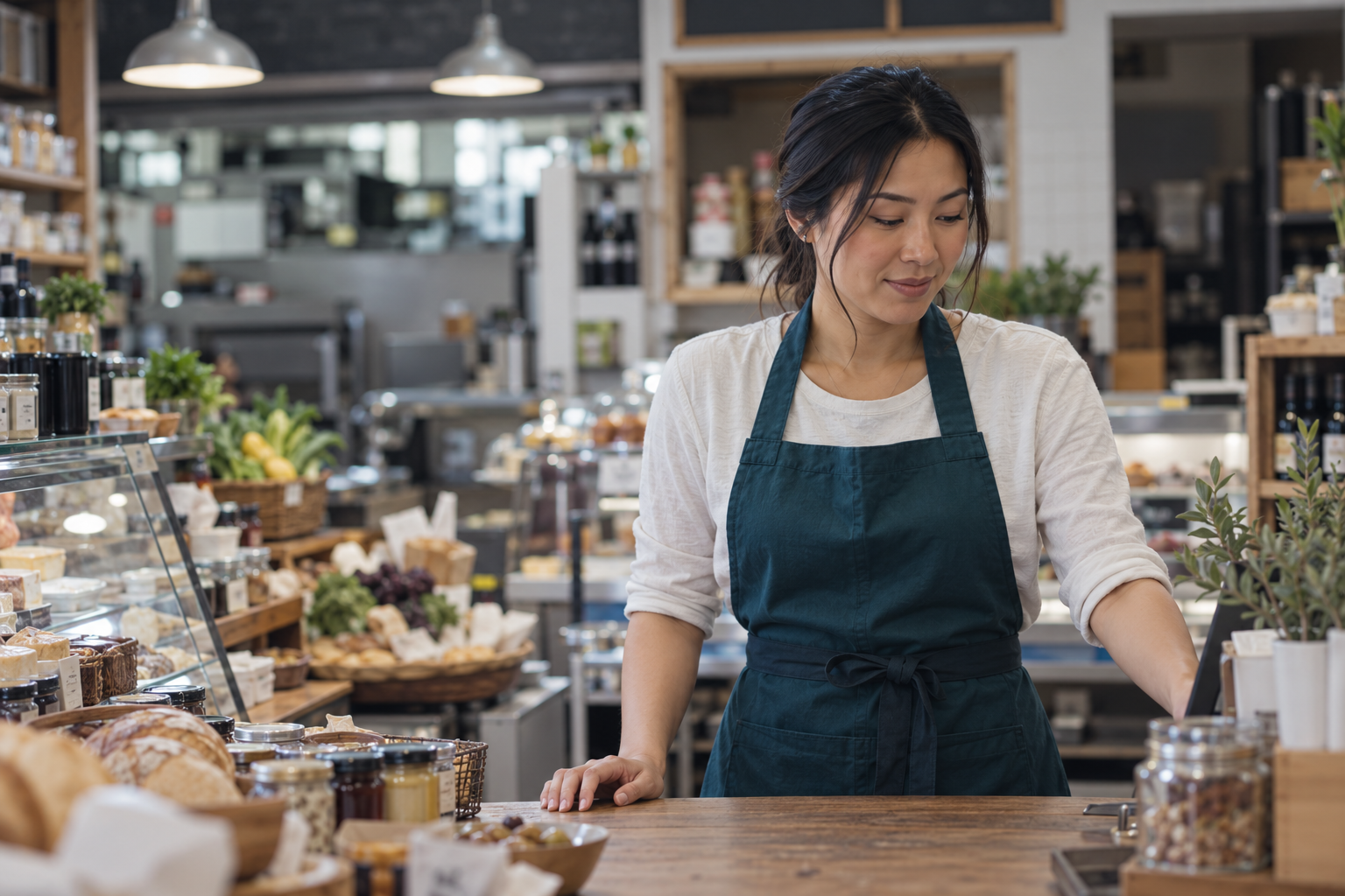Barista aan het werk achter de toonbank van een café.