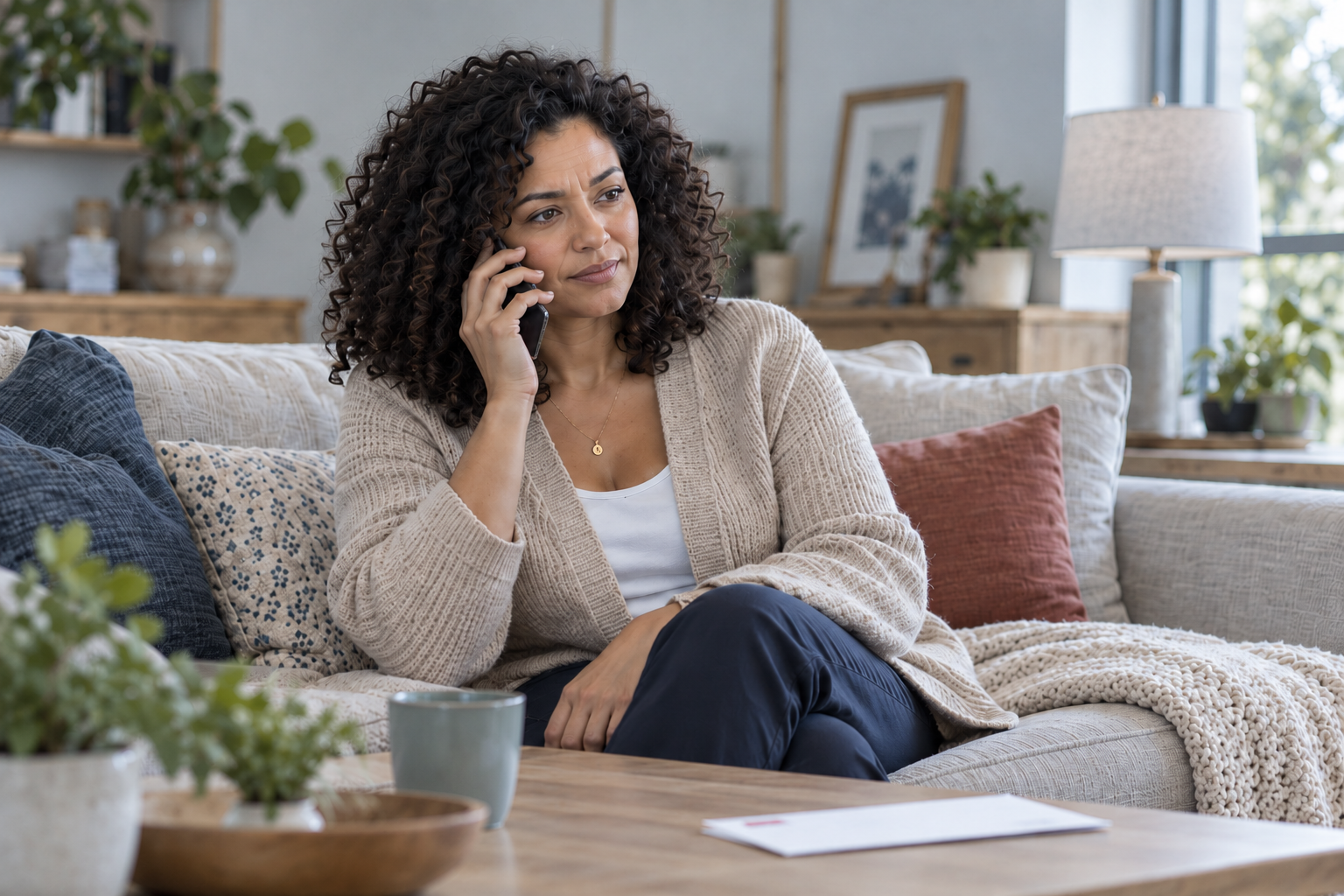 Vrouw zit op de bank en voert een telefoongesprek.