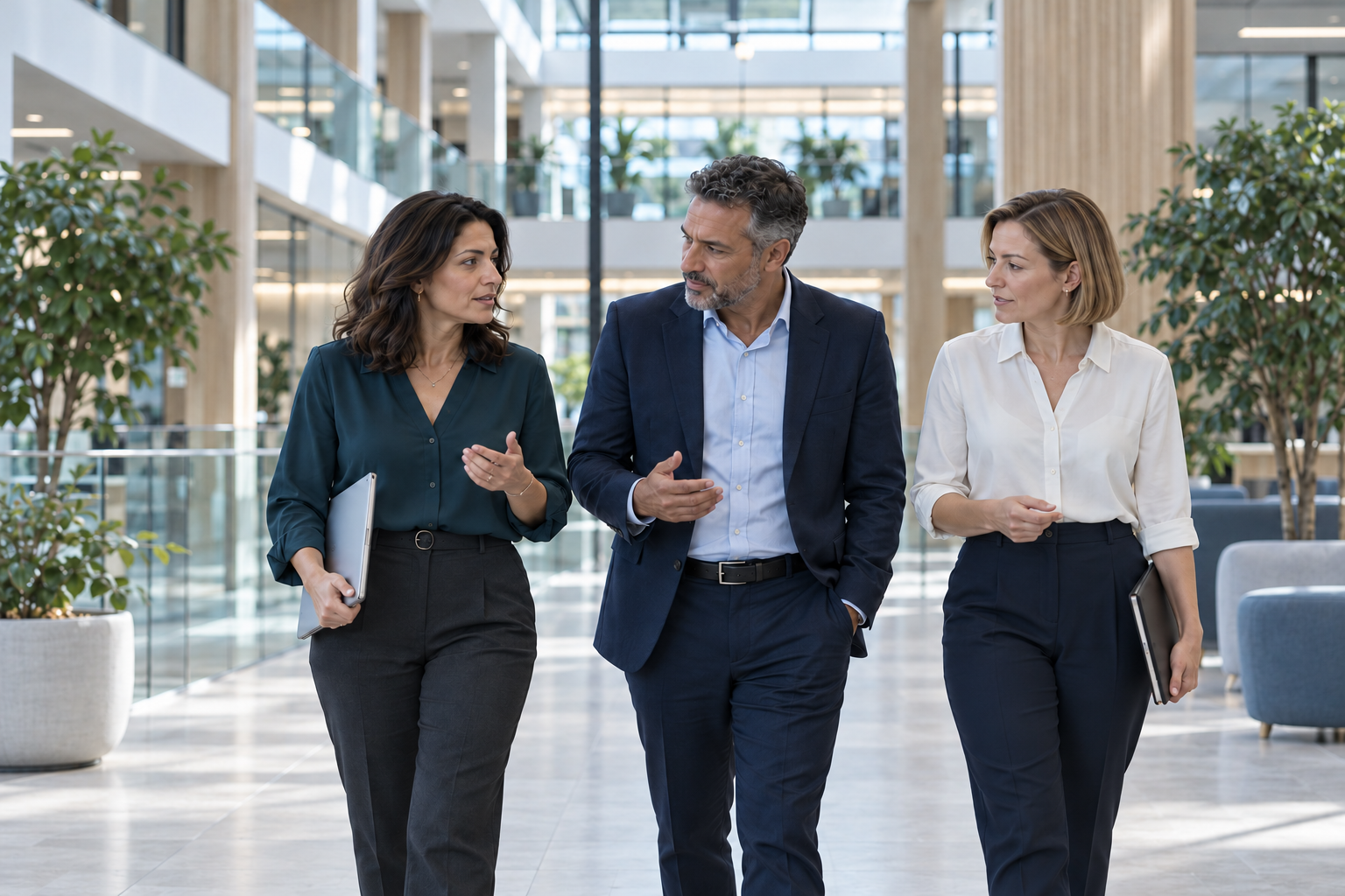 Twee vrouwelijke collega’s en een mannelijke collega lopen door het pand terwijl ze met elkaar in gesprek zijn.