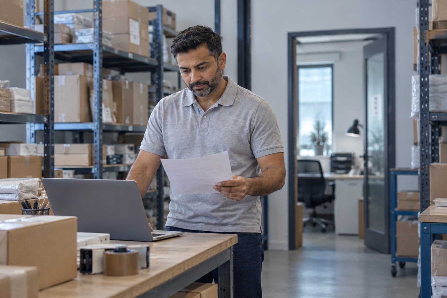 Man met formulier in hand aan het werk op de laptop