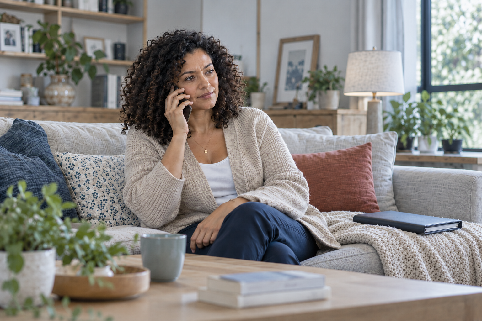 Vrouw zit op de bank en voert een telefoongesprek.