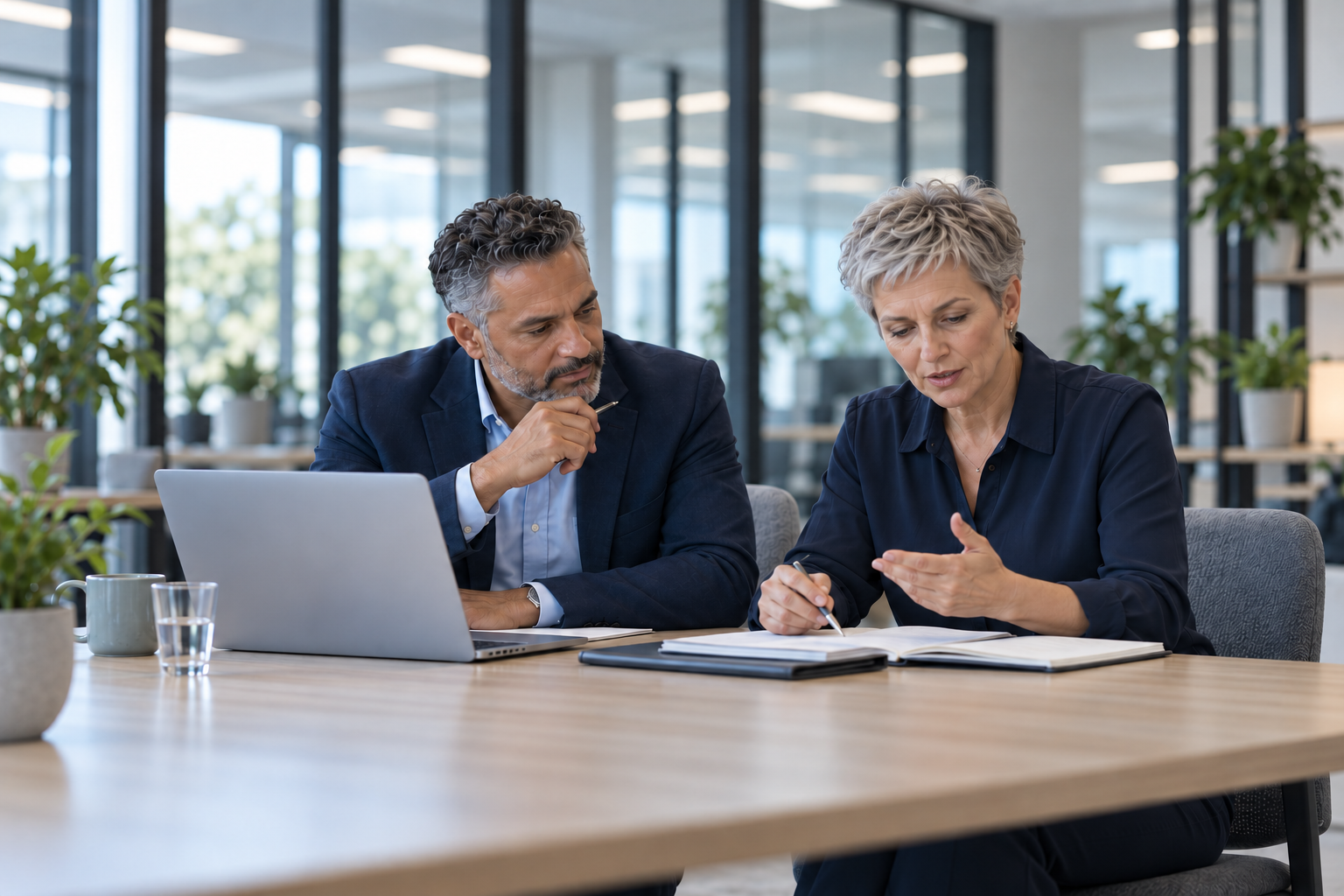 Man en vrouw (collega's) in gesprek over een document
