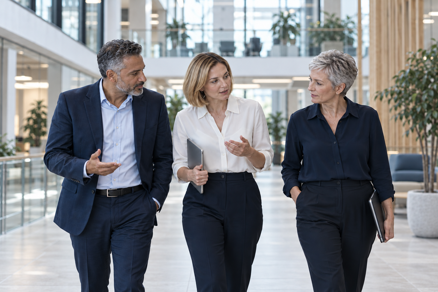 Twee vrouwelijke collega’s en een mannelijke collega lopen door het pand terwijl ze met elkaar in gesprek zijn.