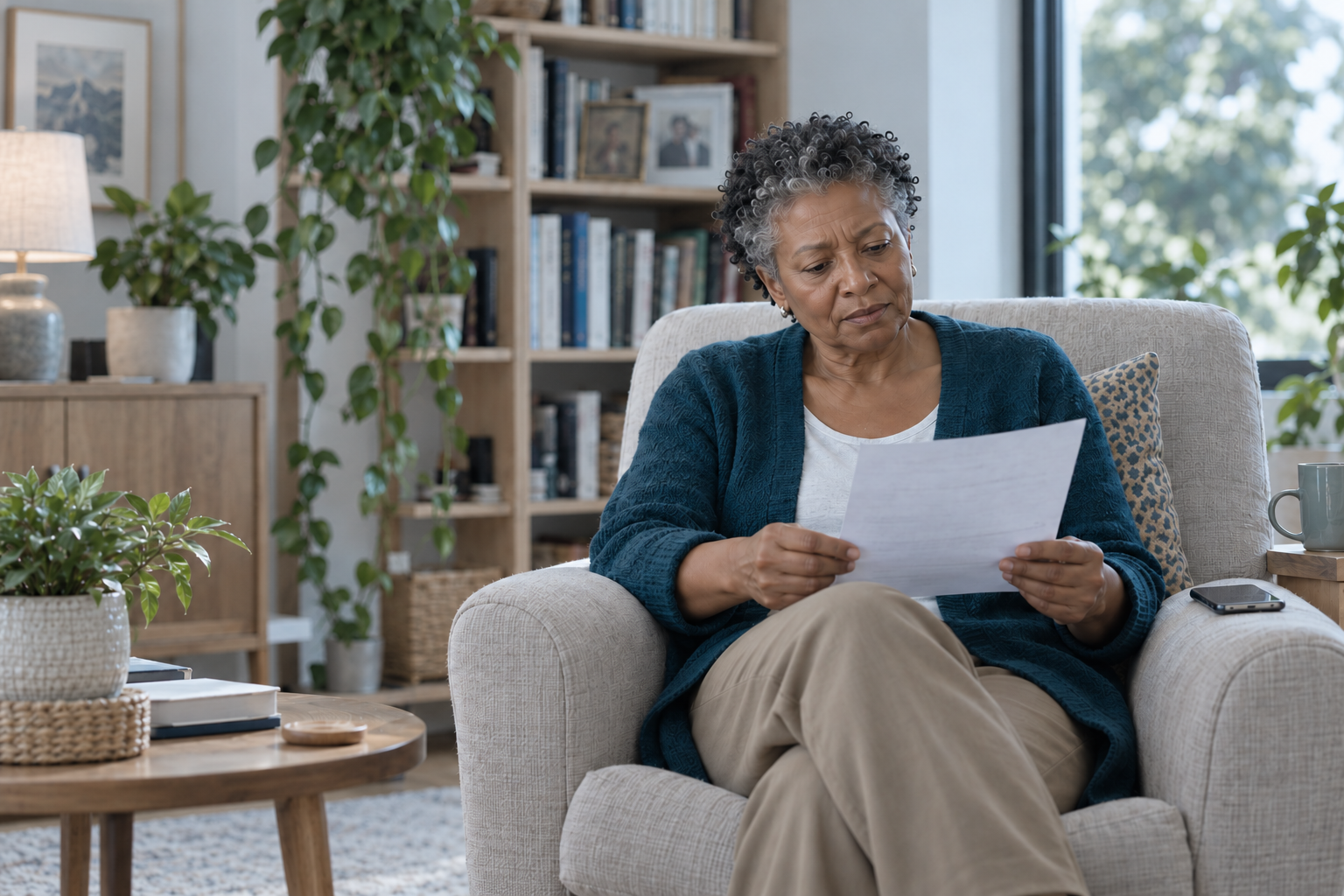 Oudere vrouw leest een brief terwijl ze in een stoel in de woonkamer zit.