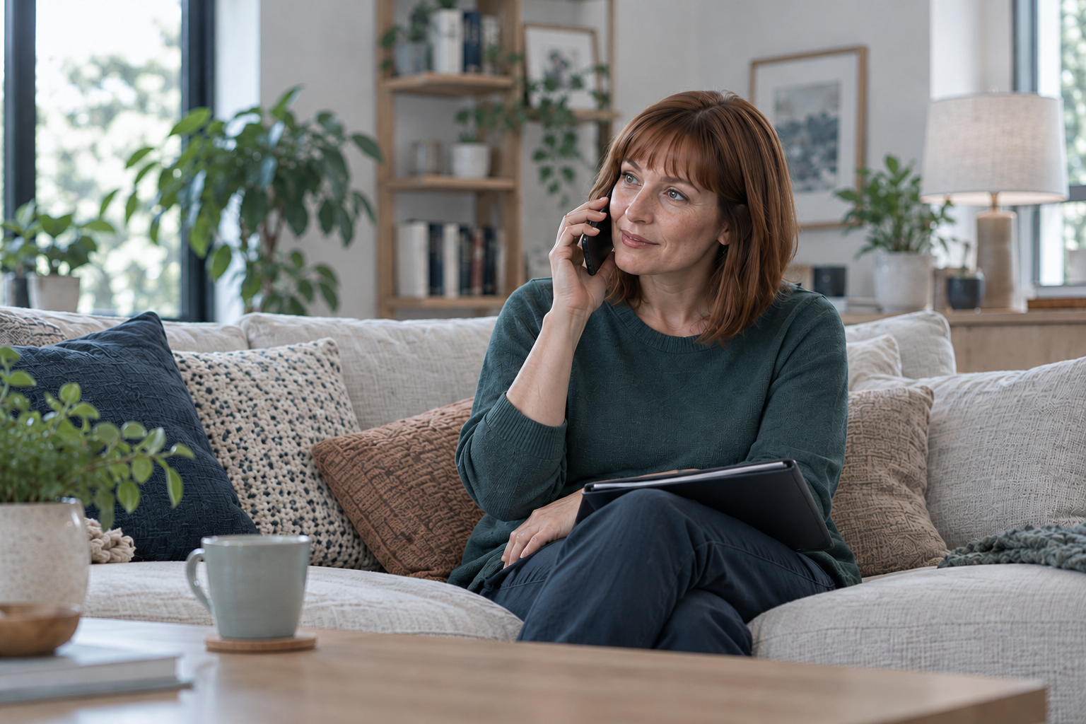 Mevrouw zit op de bank en pleegt een telefoontje
