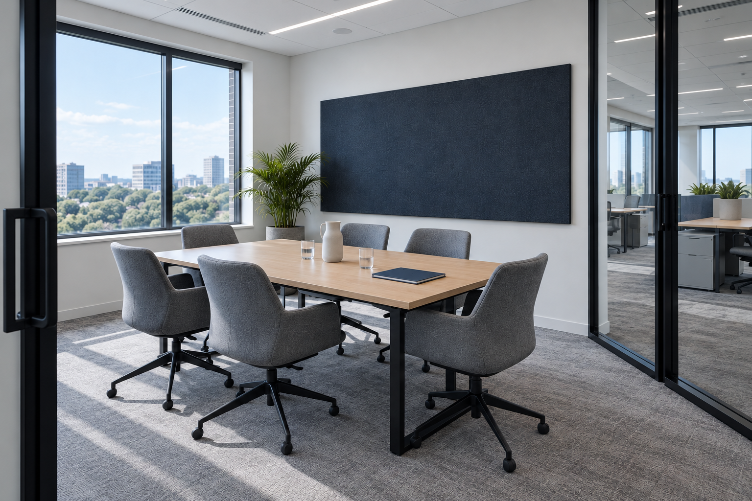 Vergaderruimte in een kantoorpand met een vergadertafel en stoelen.